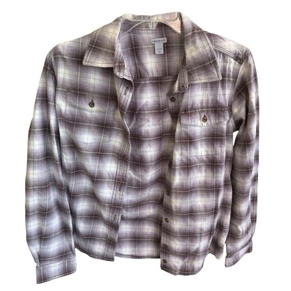 Carhartt Flannel Shirt Womens Gray Plaid Button Up L/S Pockets Size Large
